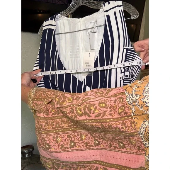 NWT C/MEO COLLECTIVE Night Air Top Navy Grid Geometric Stripe Wrap Blouse Small - Picture 5 of 8